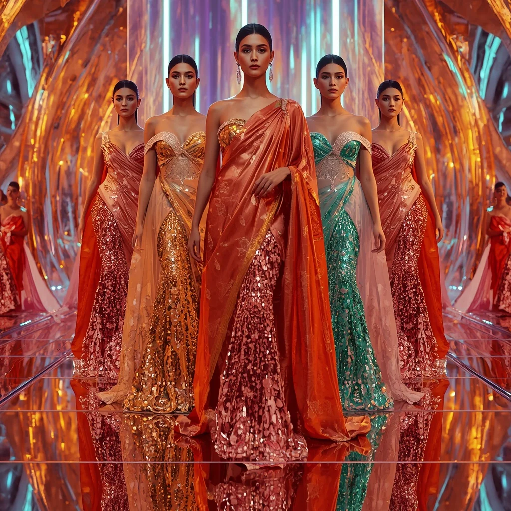 Metallic Sunset Infinity Goddess Saree with Multi Editorial Frames and Neon Crystal Quantum Hyperrealm | Aesthetic Ai Prompt