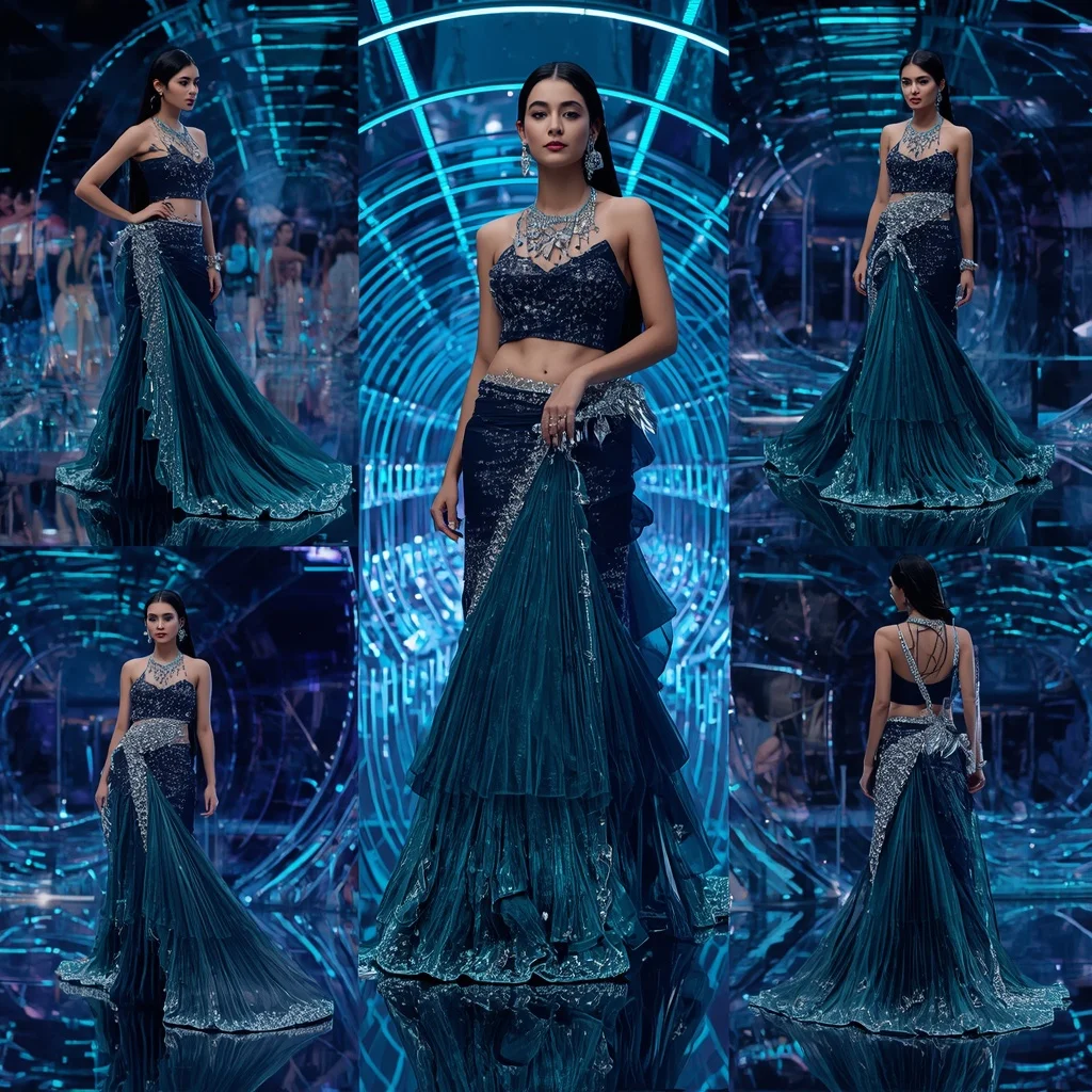 Midnight Aurora Crystal Saree with Infinity Prism Chamber | Hd Image Prompt