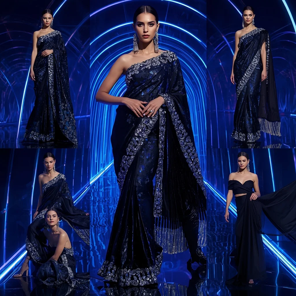 Midnight Crystal Nova Saree with Infinity Neon Chamber | Instagram Influencer Ai Prompt