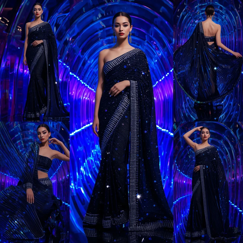 Midnight Crystal Nova Saree with Infinity Neon Chamber | Saree Ai Prompt