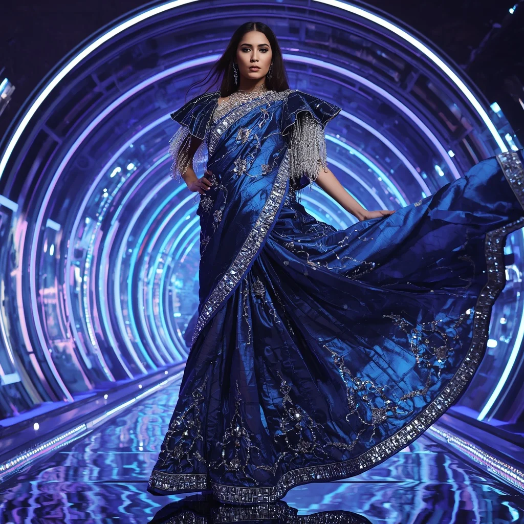 Midnight Galaxy Mirror Saree with Floating Neon Halo Rings | Easy Ai Prompt