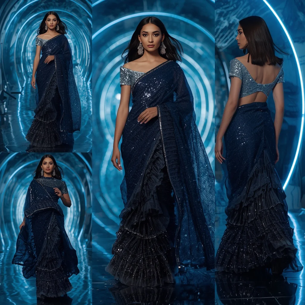 Midnight Galaxy Saree with Holographic Light Tunnel | Gemini Ai Prompt Copy Paste