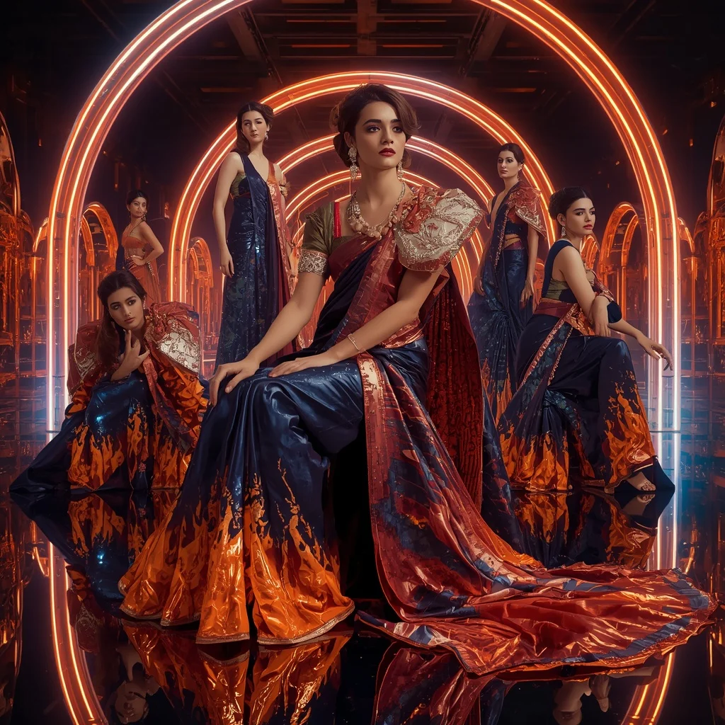 Midnight Inferno Couture Saree with Neon Arc Crystal Infinity Kingdom | Makeup Ai Prompt