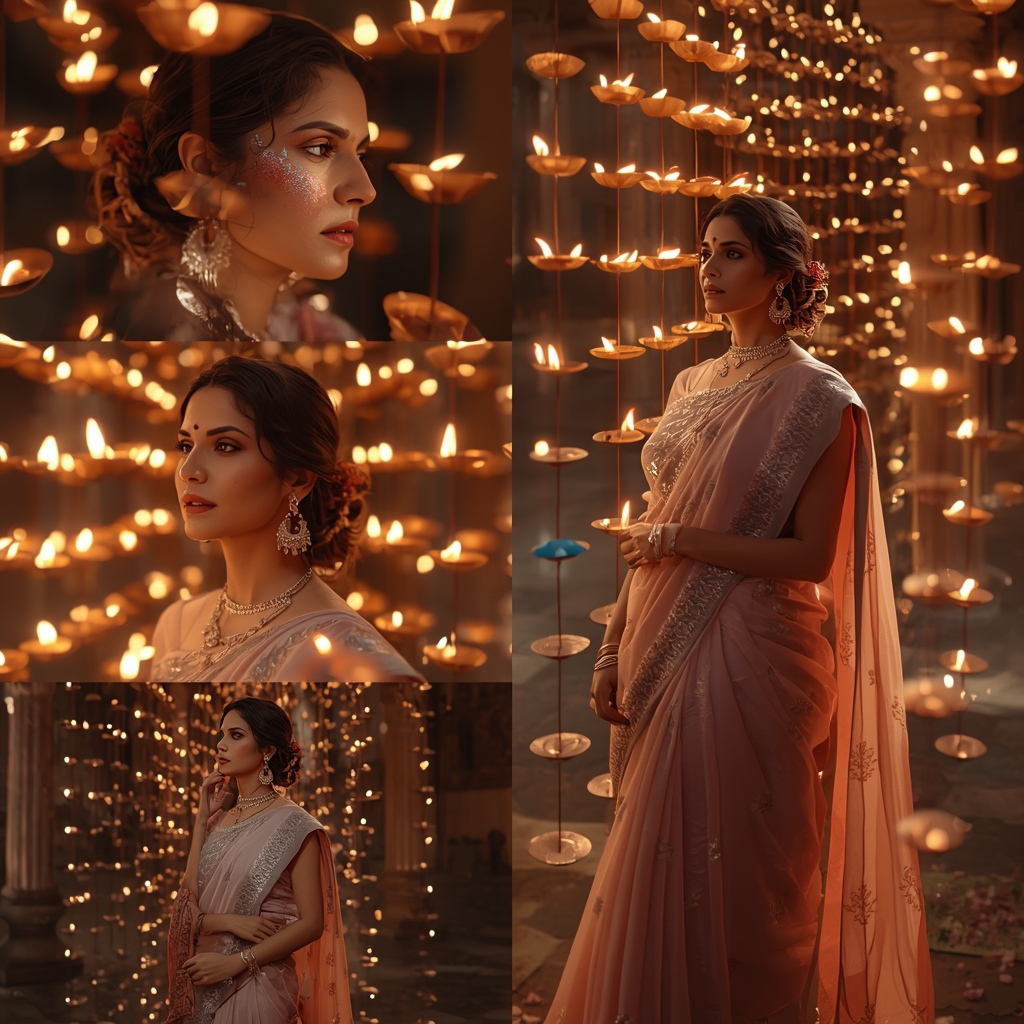 Mystical Divine Pastel Saree Image Prompt for Women with Temple Lamp Aura and Spiritual Luxury | Saree Prompt For Girls