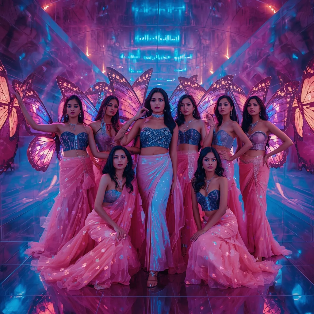 Neon Galaxy Butterfly Saree Squad with Cyber Infinity Tunnel Background | Prompt Generator