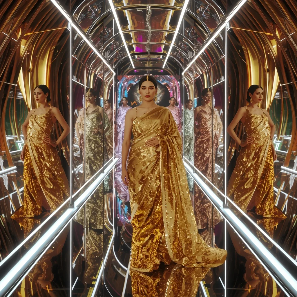Neon Gold Celestial Saree with Royal Runway Poses and Futuristic Prism Infinity Megaverse | Instagram Viral Photo Ai Prompt