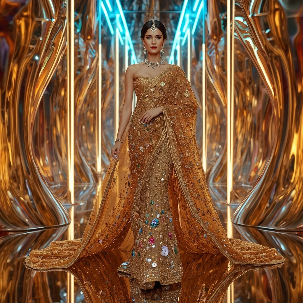 Neon Gold Infinity Queen Saree with Royal Runway Poses and Futuristic Prism Quantum Hyperverse | Modern Design Ai Prompt