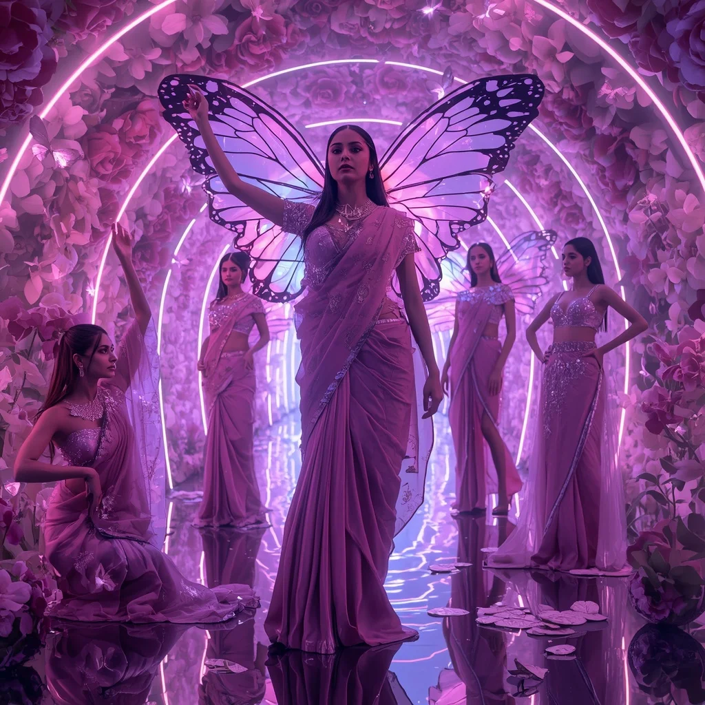 Neon Orchid Butterfly Saree with Multiple Avant Garde Poses and Floral Cyber Background | Ai Selfie Prompt