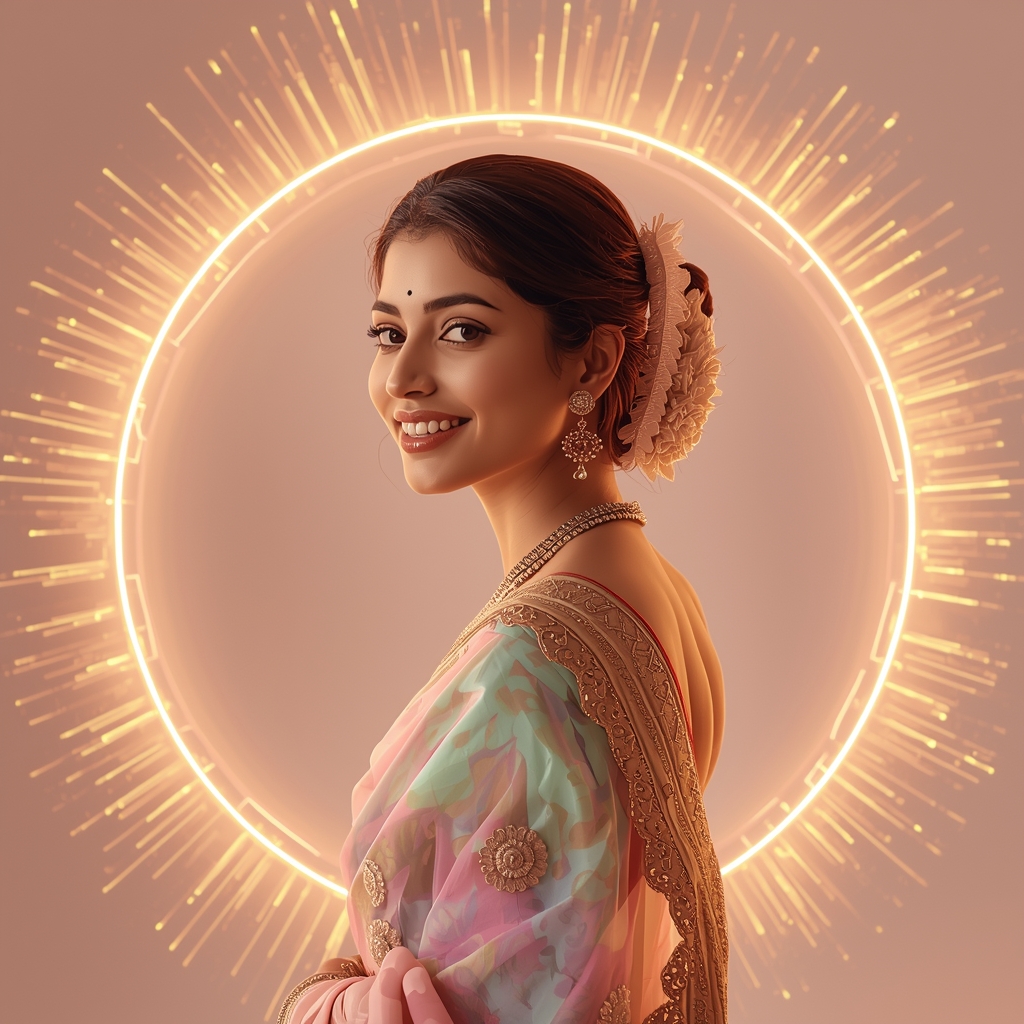 Nova Pulse Halo Orbit Pastel Saree Indian Woman Premium Composition | Ai Gemini Saree Prompt