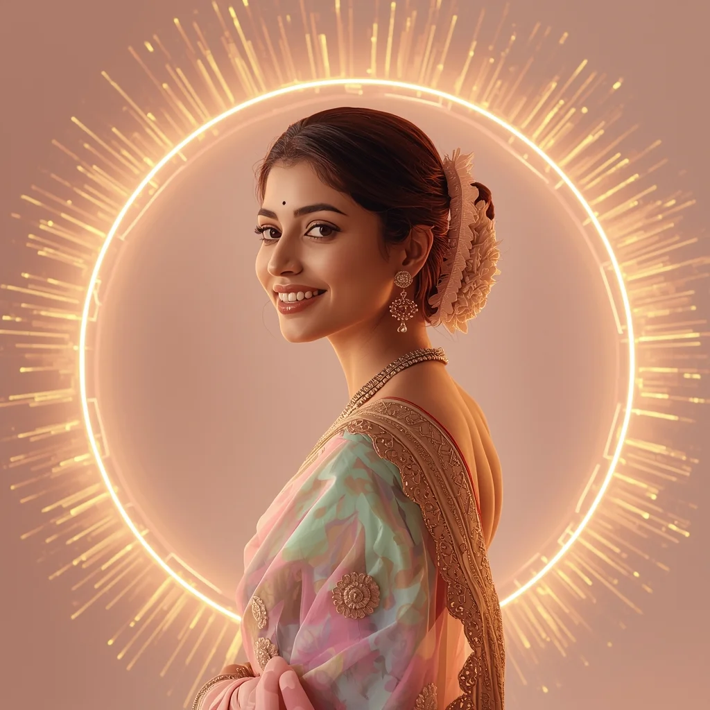 Nova Pulse Halo Orbit Pastel Saree Indian Woman Premium Composition | Ai Gemini Saree Prompt