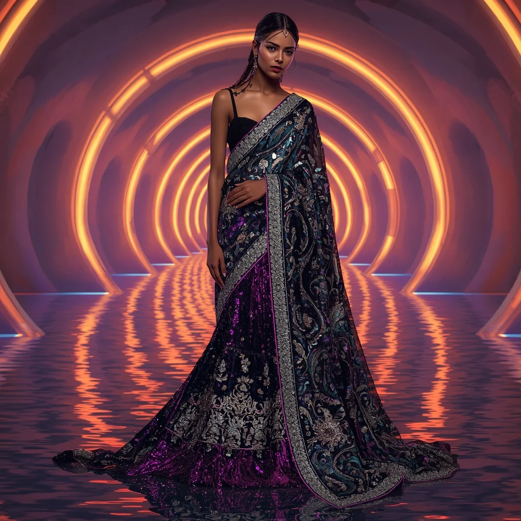 Obsidian Aurora Infinity Saree with Futuristic Couture Poses and Neon Water Quantum Palace | Gemini Ai Prompt