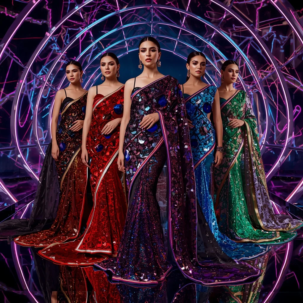 Obsidian Crystal Infinity Saree with Mirror Fashion Poses and Neon Celestial Hyperverse | Flux Ai Prompt