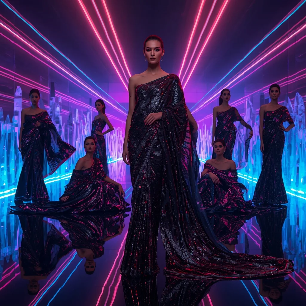Obsidian Flame Festival Saree with RGB Crystal Infinity Skyline | Ai Image Generator Prompt