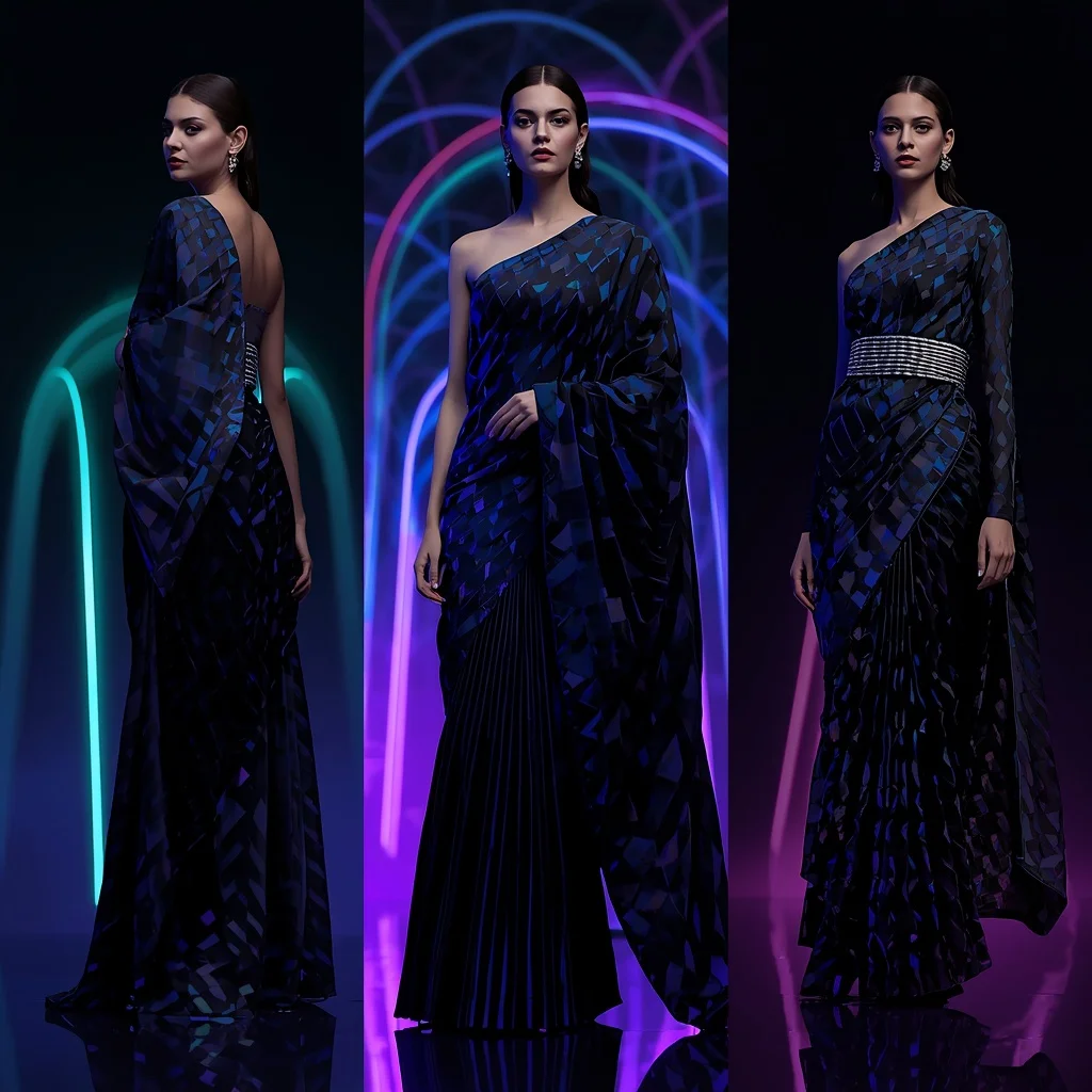 Obsidian Glow Saree with Floating Geometric Arches | Girl Photo Prompt Gemini