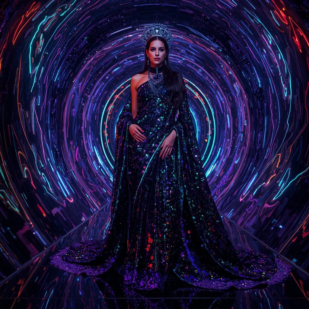 Obsidian Neon Hypergoddess Saree with Cosmic Fashion Motions and Infinity Reflection Megaverse | Ai Prompt For Instagram