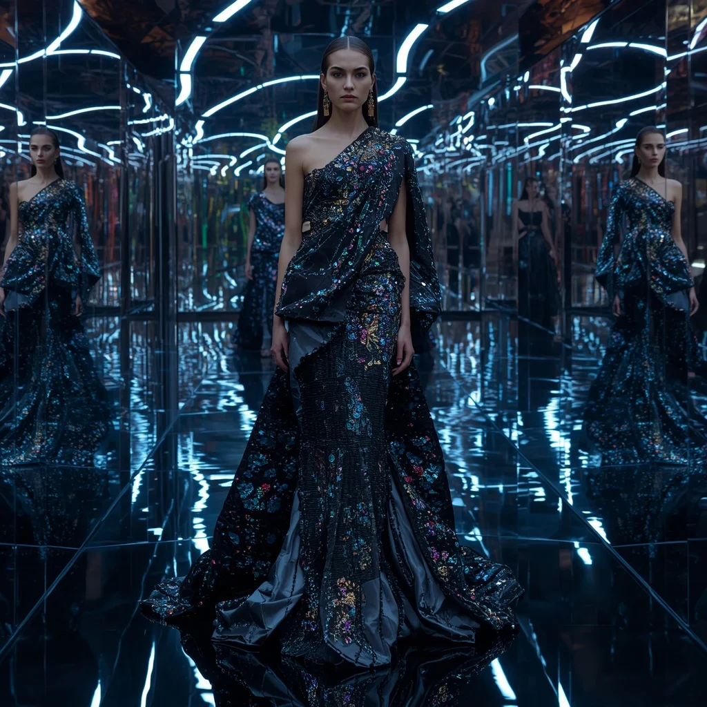 Obsidian Neon Infinity Saree with Cosmic Fashion Motions and Reflection Hypercosmos | Ai Girl Image Prompt