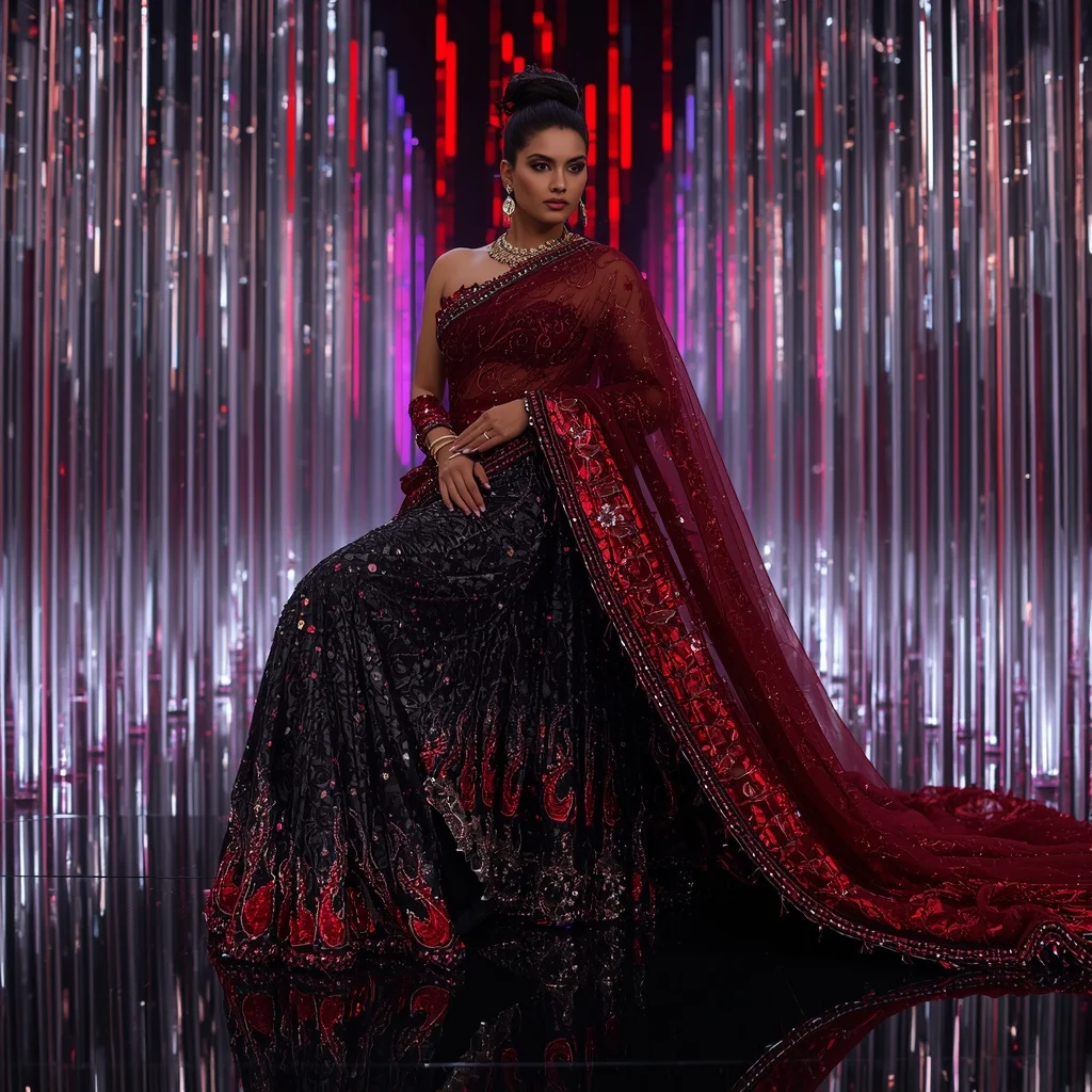 Obsidian Ruby Mirage Saree with Infinity Plasma Sanctuary | Ai Prompt