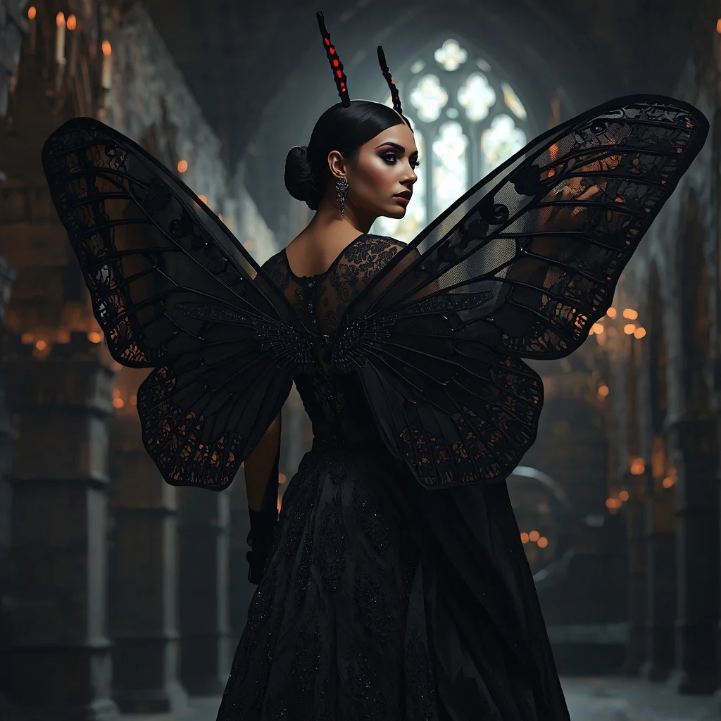 Onyx Shadowmoth Butterfly Saree in Gothic Fantasy Castle | Instagram Model Ai Prompt