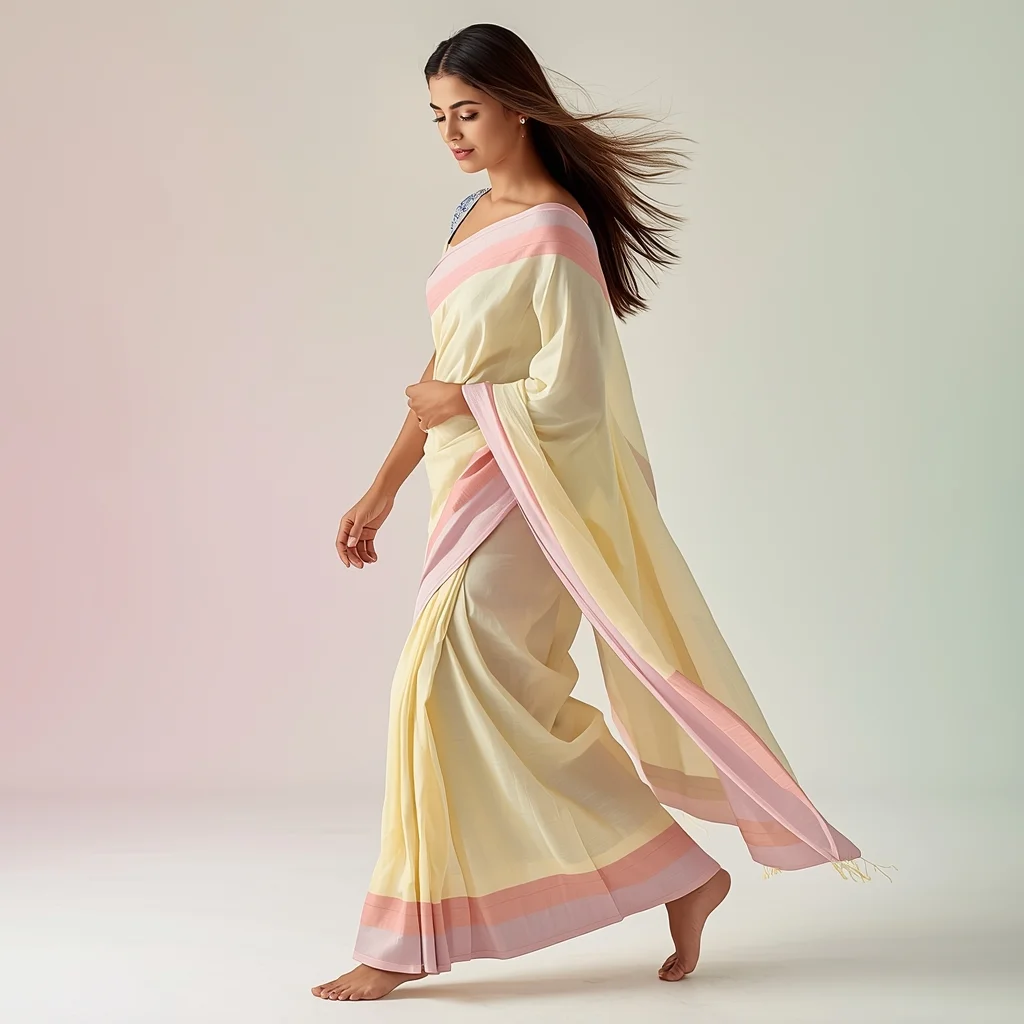 Pastel Indian Girl Calm Forward Walk Soft Down Look Pose | Prompt Image
