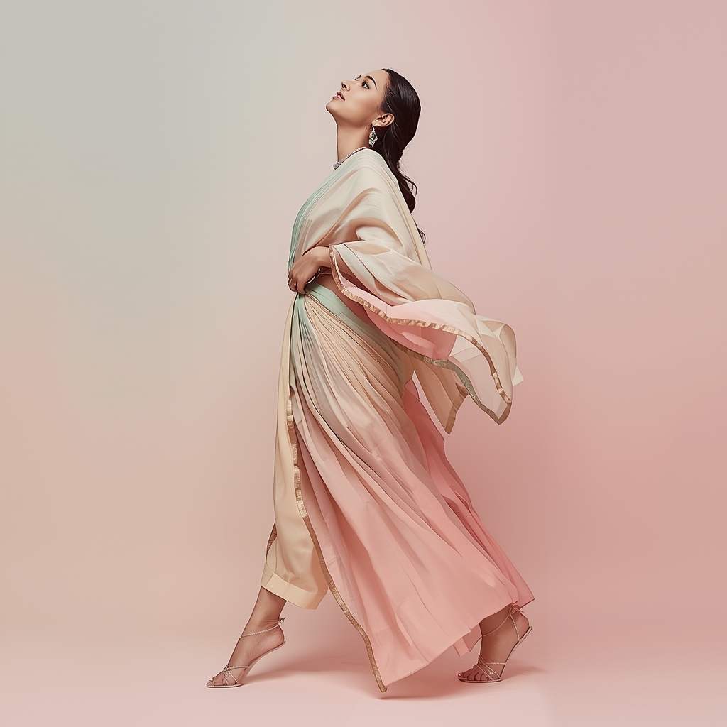 Pastel Indian Girl Gentle Back Step Look Up Pose | Saree Photoshoot Prompt Ultra Realistic
