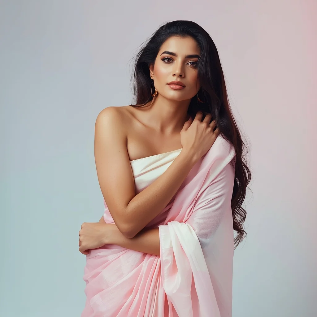 Pastel Indian Girl Gentle Shoulder Lean Fabric Touch Pose | Selfie Prompt