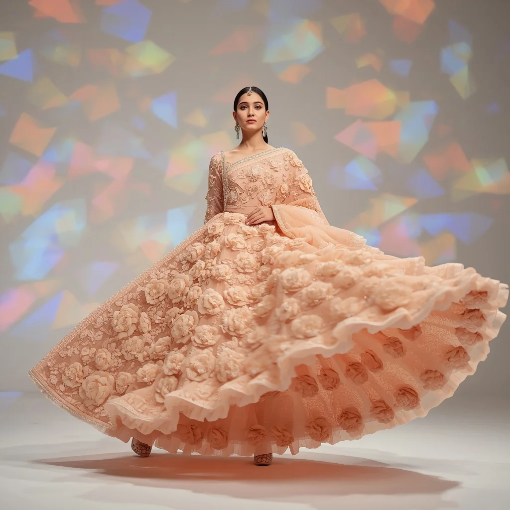 Pastel Peach Heavy 3D Acrylic Floral Saree with Dynamic Spin Pose | Easy Ai Prompt