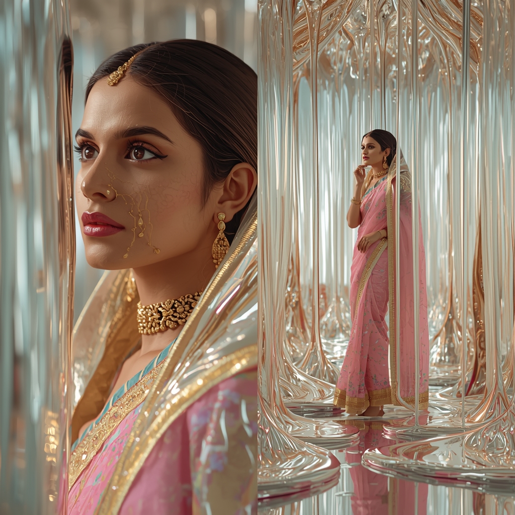 Pastel Saree Hyper Liquid Glass Reality Melt Reflection Cinematic Viral Prompt | Saree Selfie Ai Prompt