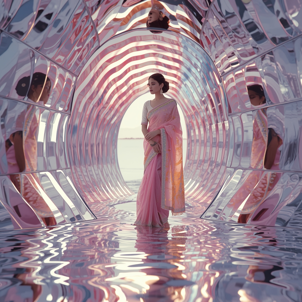 Pastel Saree Light Ripple Distortion Infinite Reflective Reality Cinematic Viral Prompt | Saree Prompt For Gemini Ai