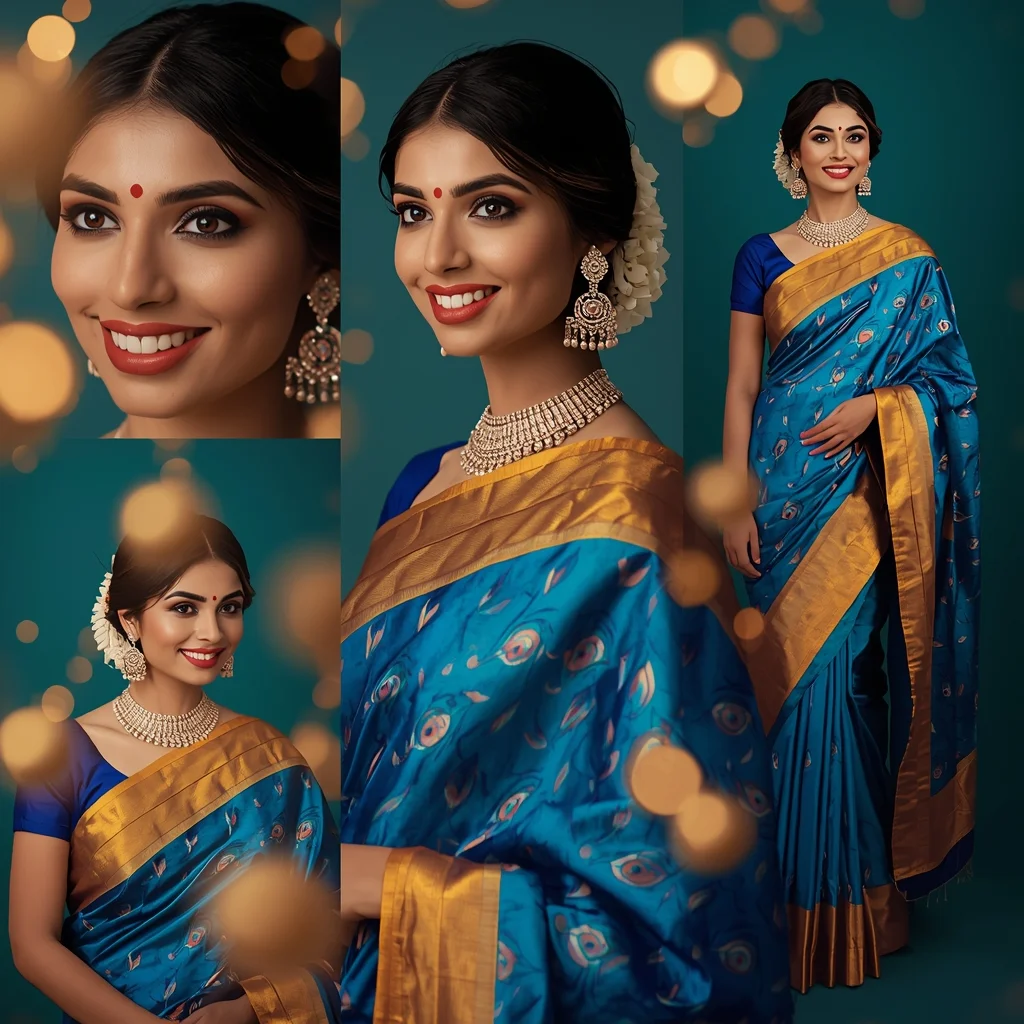 Peacock Blue Traditional Saree Indian Woman Luxury Composition | Saree Instagram Ai Prompt