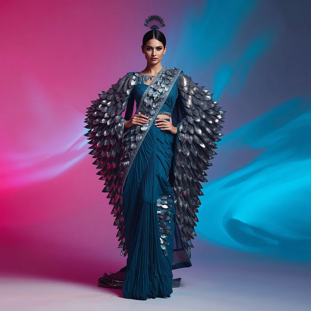 Peacock Chrome Saree: Teal Blue Tissue with Heavy 3D Metallic Wing Motifs | Gemini Ai Photo Prompt
