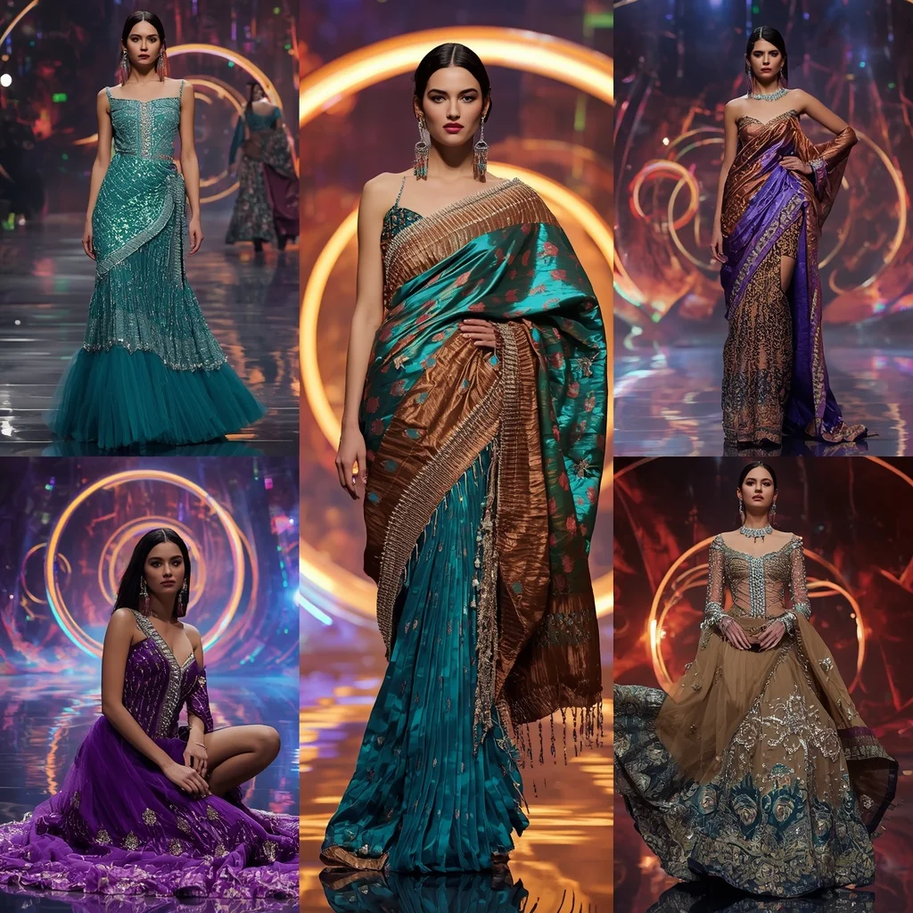 Peacock Crystal Flame Saree with Floating Prism Rings | Stable Diffusion Prompt
