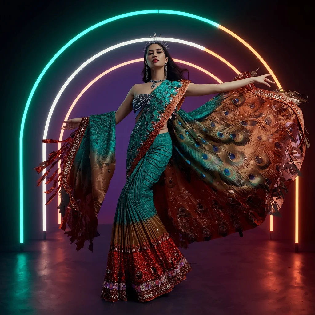 Peacock Phoenix Flame Saree with Curved Neon Empire | Prompt Gemini Ai
