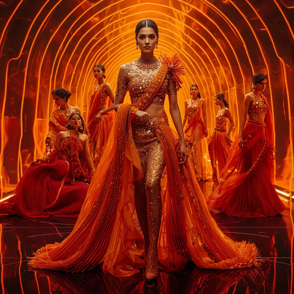 Phoenix Prism Queen Saree with Curved Flame Cathedral | Attitude Ai Prompt