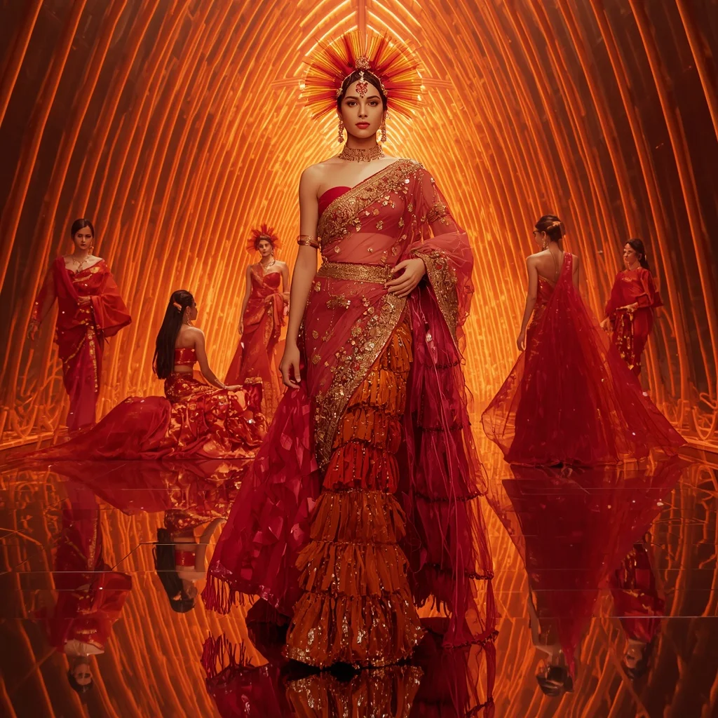 Phoenix Prism Queen Saree with Curved Flame Cathedral | Girl Photo Prompt Gemini