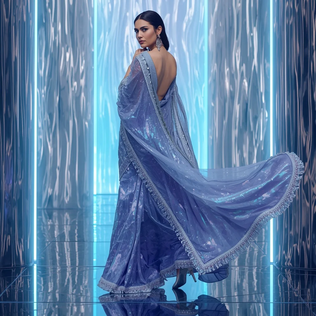 Platinum Galaxy Flame Saree with Floating Aurora Fortress | Beautiful Woman Ai Prompt