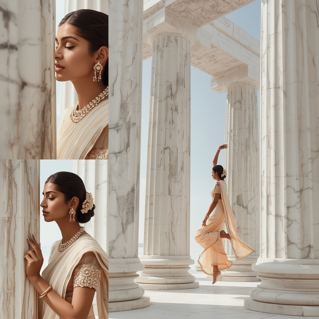 Premium Architectural Portrait Of Indian Saree With Floating Marble Pillars | Gemini Saree Prompt Text