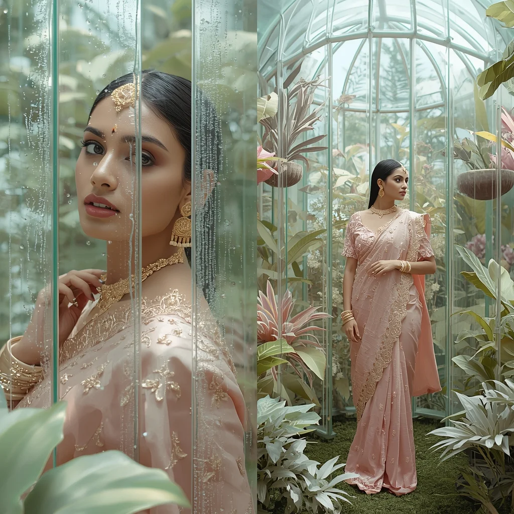 Premium Pastel Saree Portrait Inside A Floating Glass Botanical Garden | Indian Bride Saree Ai Prompt