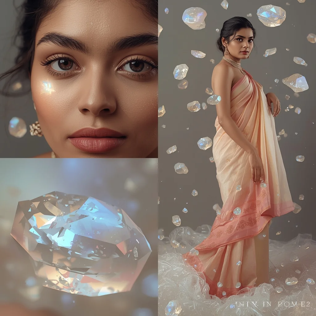 Premium Pastel Saree Portrait With Levitating Luminescent Moonstones | Beautiful Saree Girl Ai Prompt Cinematic