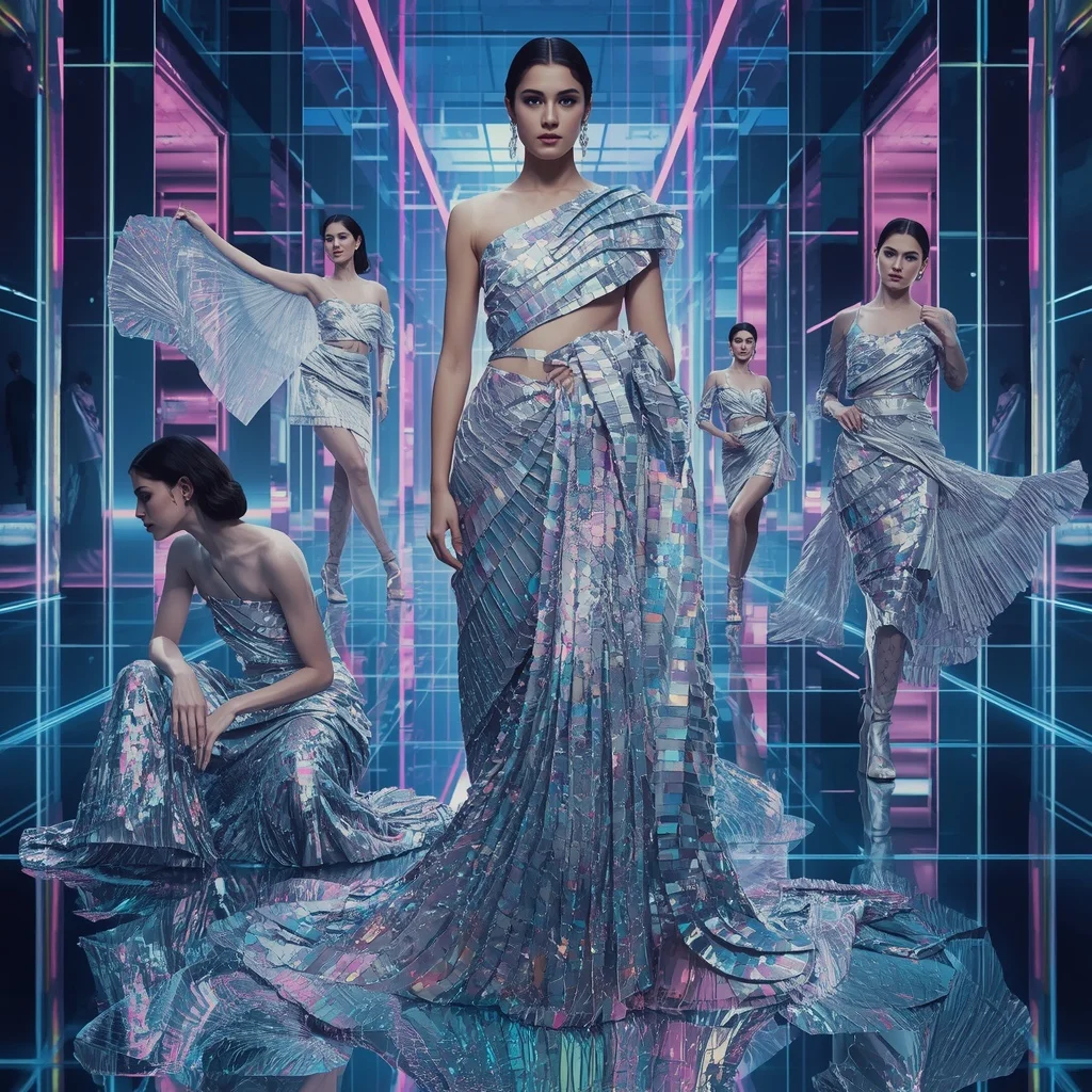 Prism Storm Couture Saree with Digital Laser Infinity Sanctuary Palace | Gemini Ai Photo Prompt