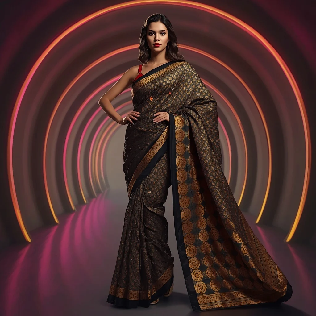 Quantum Node Saree with Swirling Linear Arches | Saree Pose Ai Prompt For Image Generation