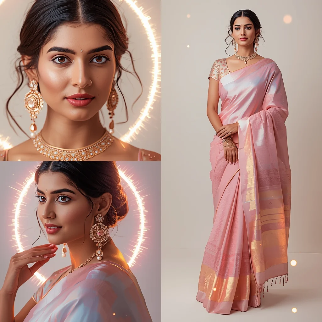 Quantum Pulse Halo Orbit Pastel Saree Indian Woman Premium Composition | Saree Couple Ai Prompt