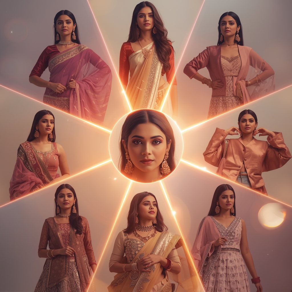 Radial Glow Indian Dress Collage Image Prompt Festive Style | Gemini Saree Prompt