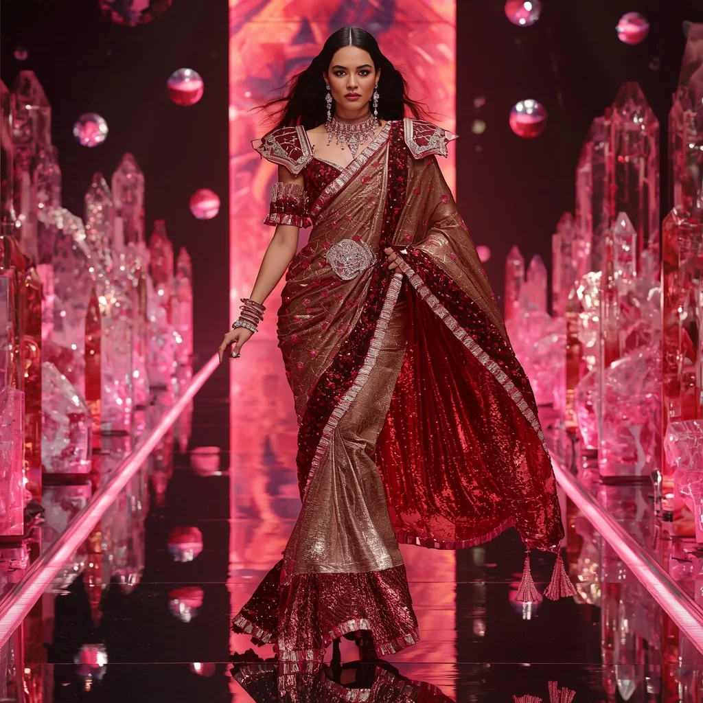 Rose Gold Inferno Fantasy Saree with Floating Crystal Runways | Instagram Story Ai Prompt