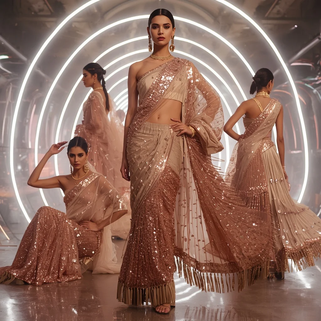 Rose Gold Thunder Saree with Floating Electric Arches | Female Model Ai Prompt