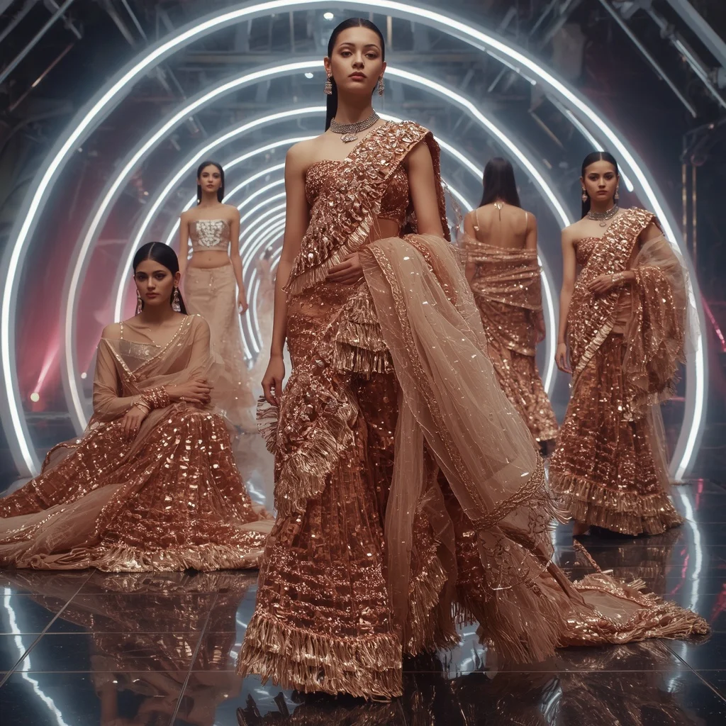 Rose Gold Thunder Saree with Floating Electric Arches | Flux Ai Prompt