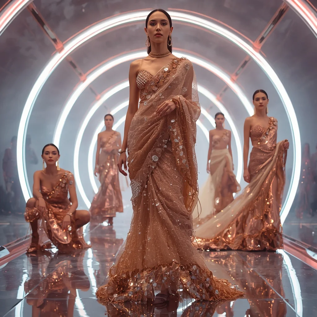 Rose Gold Thunder Saree with Floating Electric Arches | Viral Ai Image Prompt