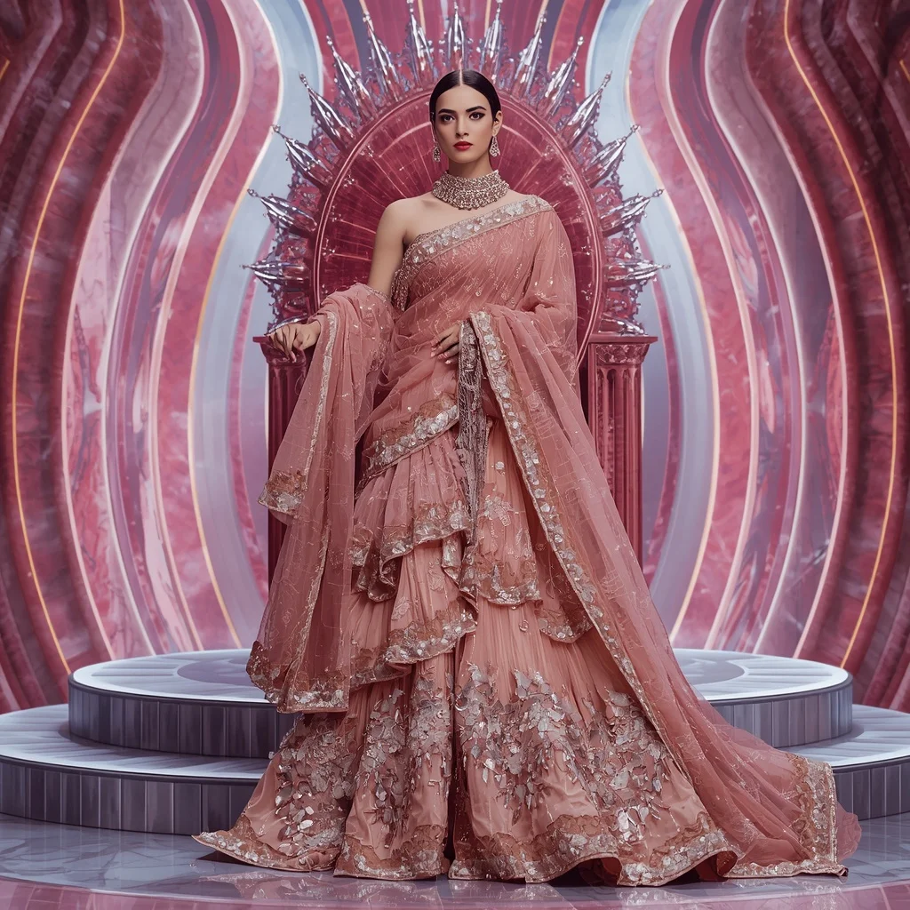 Rose Quartz Noorani Dynasty Saree with Prism Velvet Crown Throne Omniverse Empire | Gym Influencer Ai Prompt