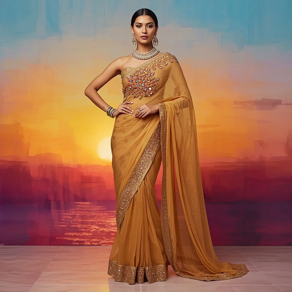 Royal Crystalline Saree Look: Sunset Gold Chiffon with 3D Shattered Diamond Mosaic | ChatGPT Ai Prompt