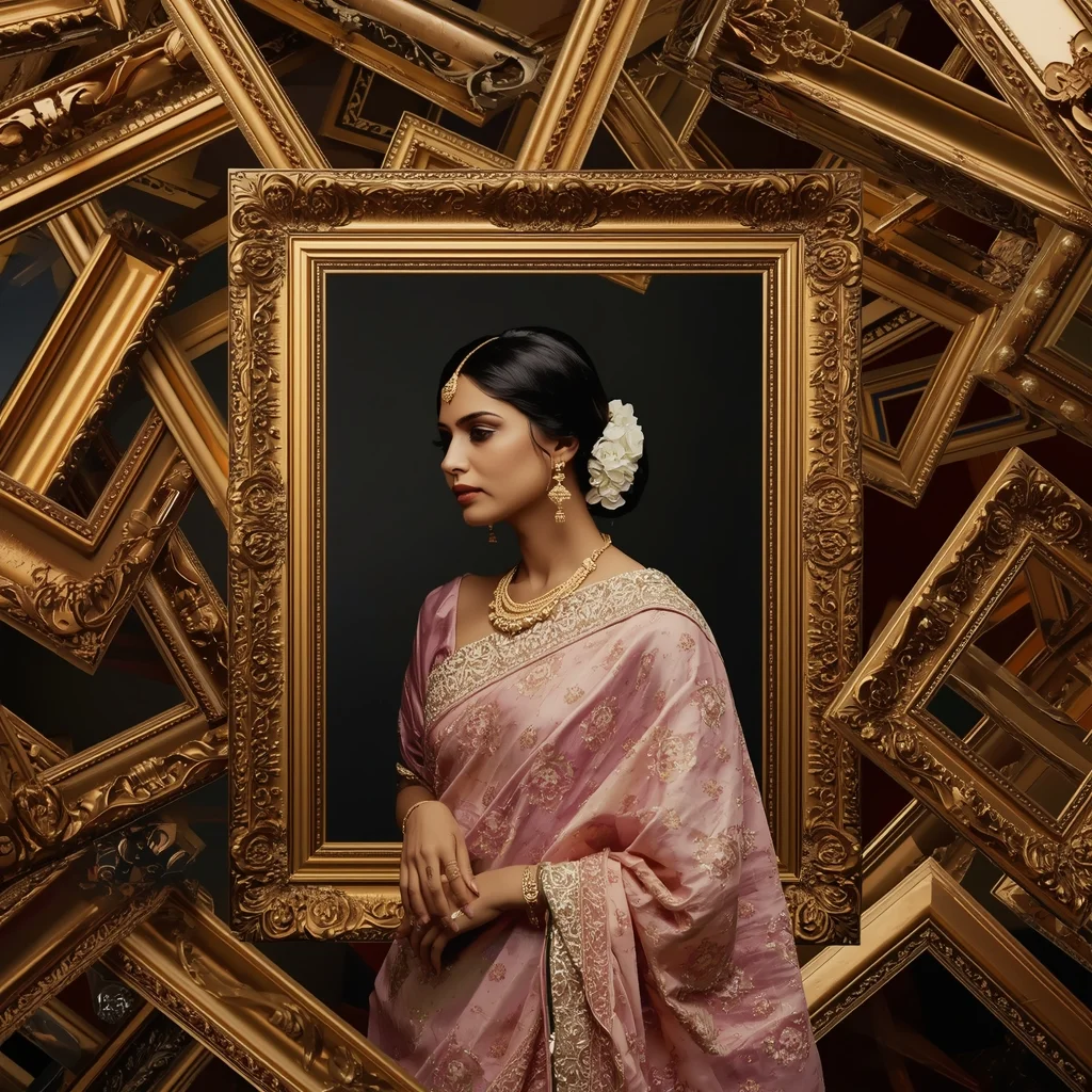 Royal Indian Saree Aesthetic Framed By Floating Vintage Gold Frames | Saree Pose Ai Prompt