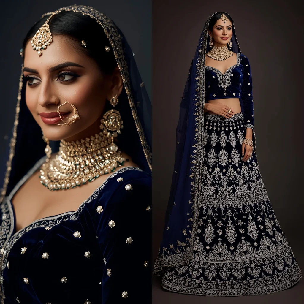Royal Navy Blue Velvet Lehenga Indian Bride Composition | Ai Image Generator Prompt